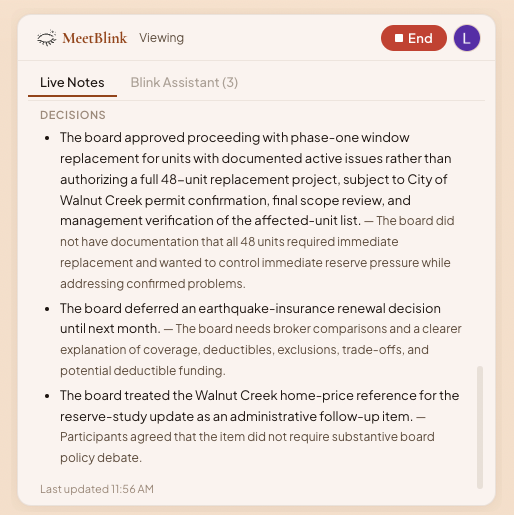 MeetBlink Live Notes view highlighting documented meeting decisions