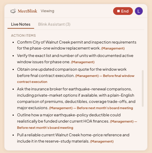 MeetBlink Live Notes view showing action items prepared during the meeting